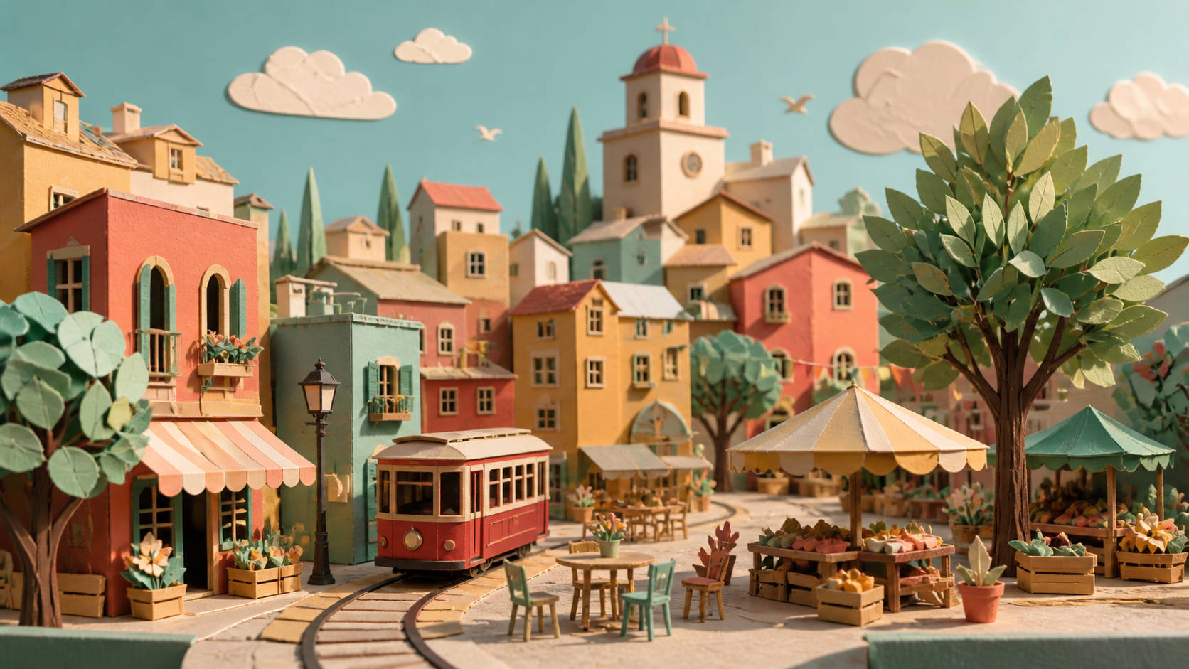 Handcrafted paper city and tram