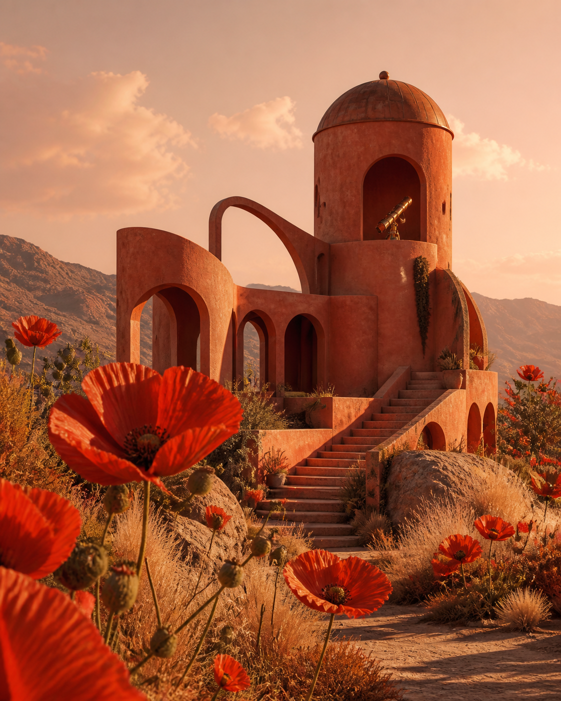 Terracotta observatory among giant poppies